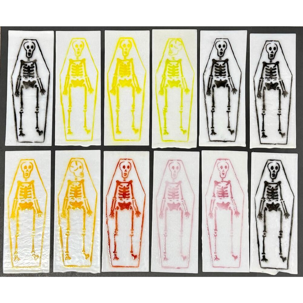 12 Skeleton Stained Glass Panels 10x4” Sheets Skull Coffin Goth Halloween Oddity